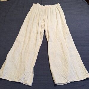 Match Point USA Womens White 100% Linen Wide Leg Elastic Waist Pants Size L P149
